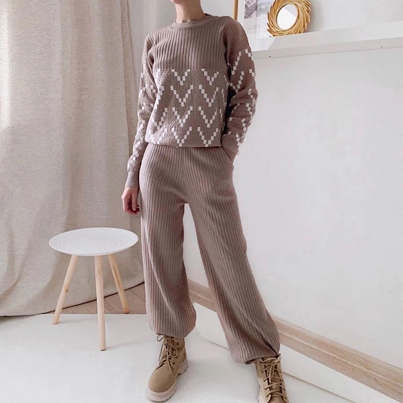 Winter fashion casual sweater 2 piece set women round neck plus size sweater set