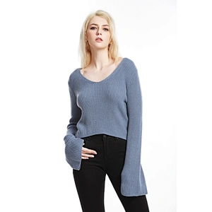 Flared sleeve pullover knitwear sexy V-neck cropped top fashion sweater