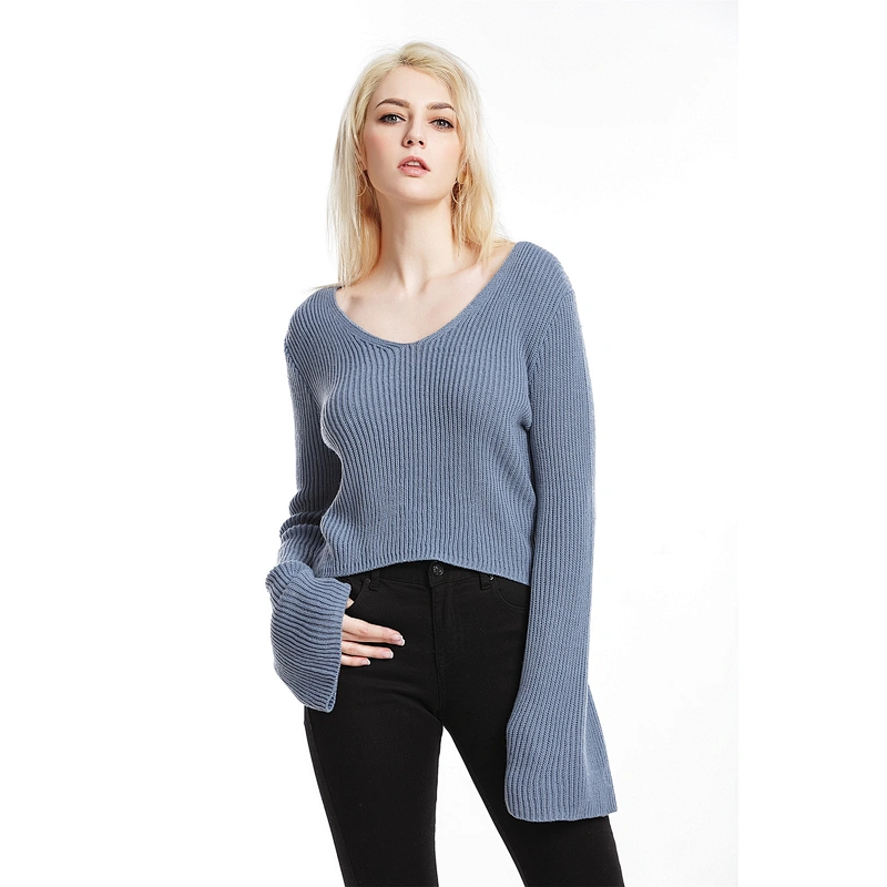 Flared sleeve pullover knitwear sexy V-neck cropped top fashion sweater