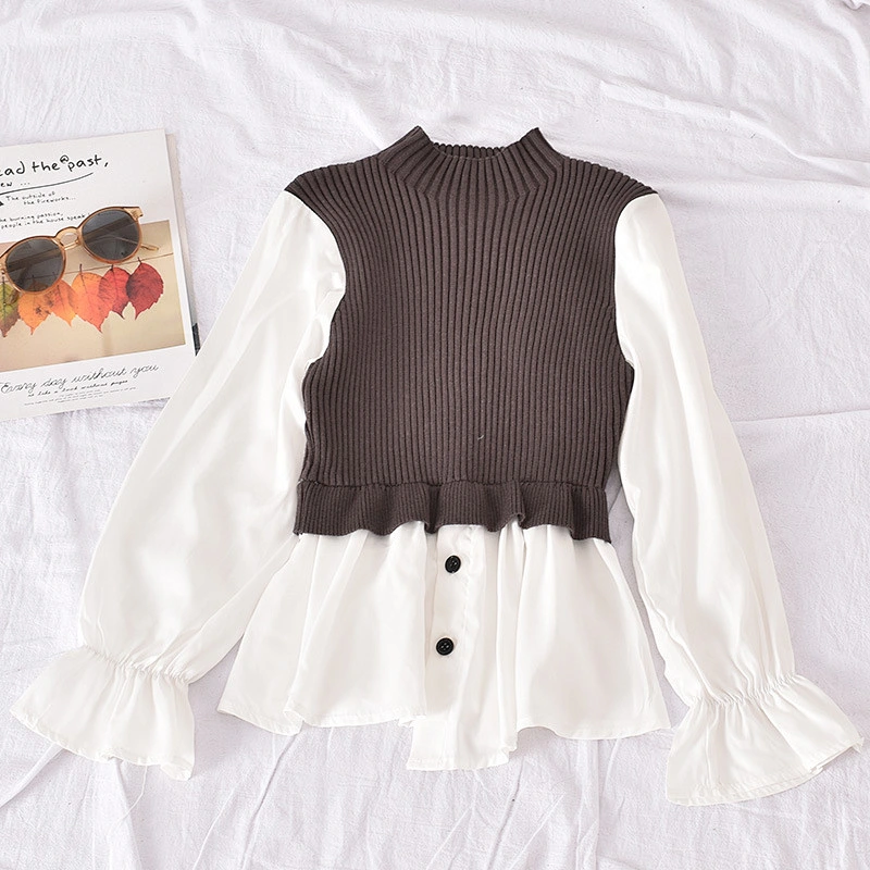 Niche knitting lotus leaf shirt sweater slim lantern long-sleeved new style women blouses