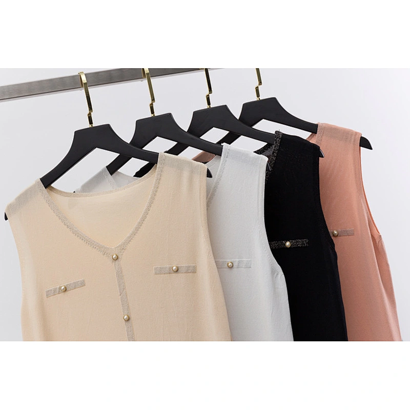 Summer thin V-neck knitted vest sweater women's t-shirt with beaded buttons