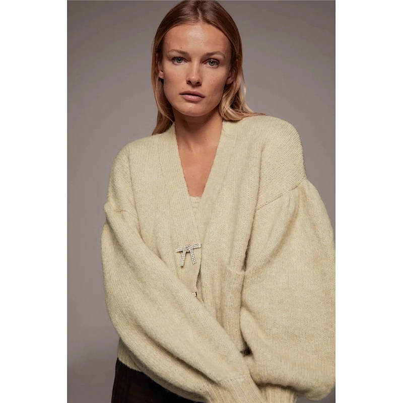Women Fashion Knitted Cardigan Sweater Vintage Puff Sleeve Loose Tops Blouse