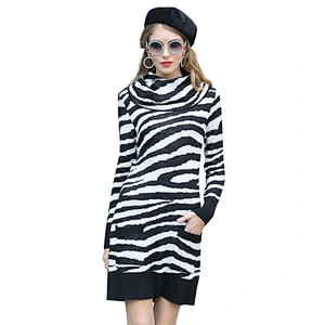 Turtleneck fashion sweater women autumn  knitwear beauty striped long dress