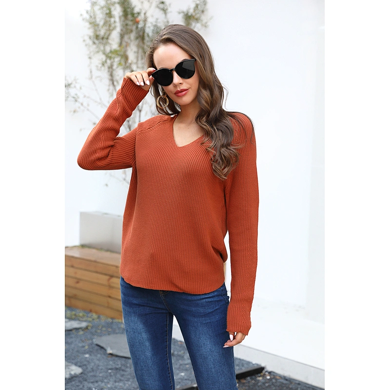 Hot sale women plain v neck pullover sweater fashion casual knitwear for lady vintage sweater