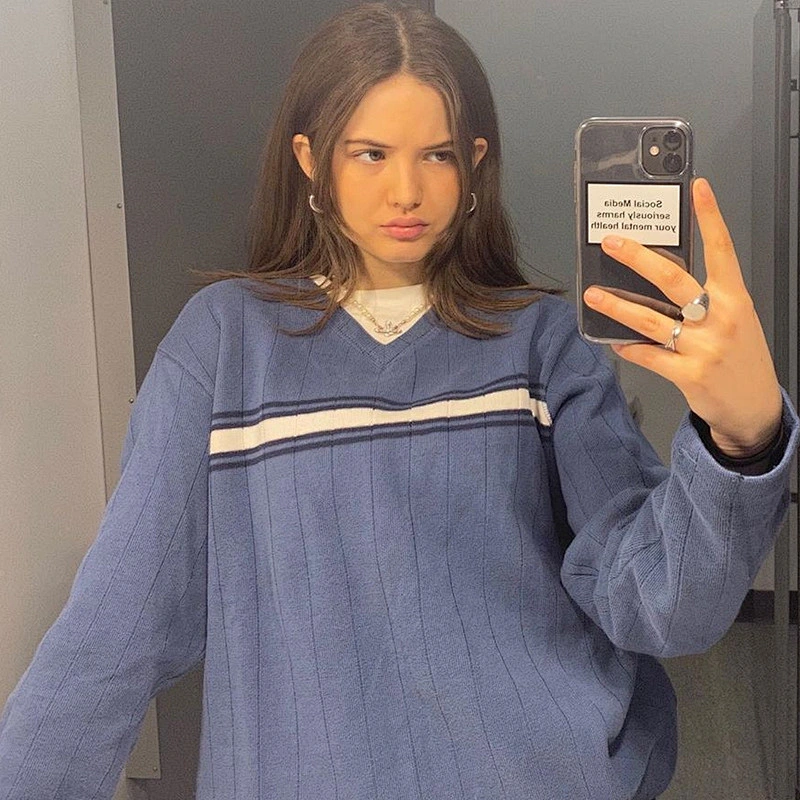 Fashion casual color block tops  V-neck loose thin jacquard knit plus size sweater for girl