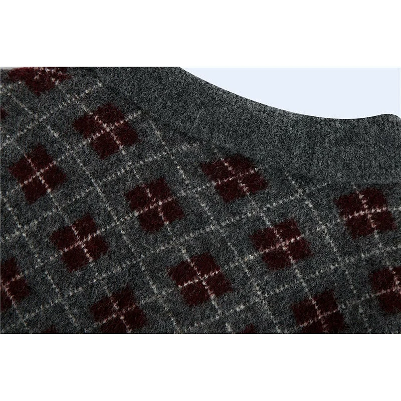 Fashion Argyle Cropped Knitted Sweater Vintage Round Lapel Collar winter Pullovers Blouse