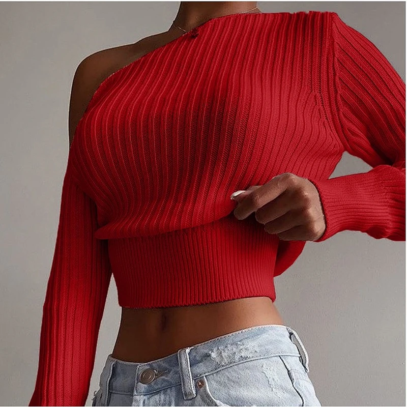 Fall clothing for women rib knit sexy sweater top pullovers off shoulder knitwear crop sweaters