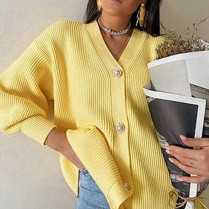 Casual knitted plus size cardigan women winter puff sleeve loose female button knitwear sweaters