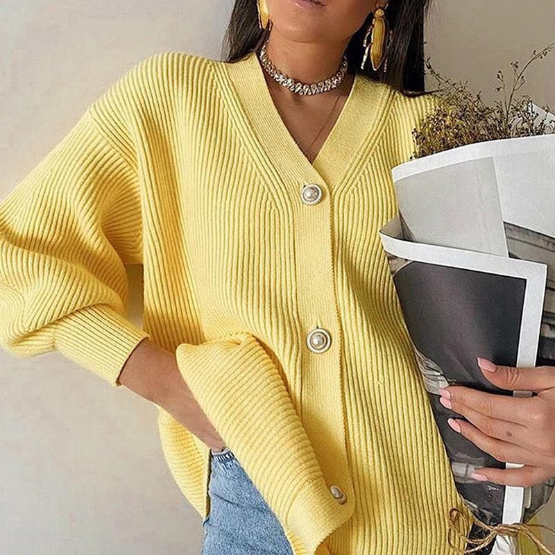 Casual knitted plus size cardigan women winter puff sleeve loose female button knitwear sweaters
