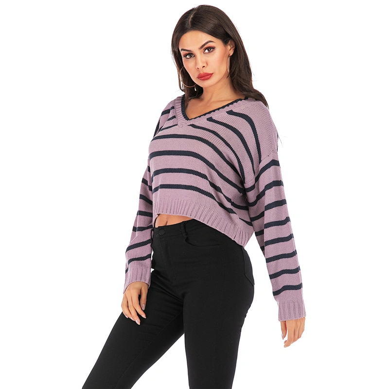 Pullover V-neck apparel striped loose knitwear women fashion sweater