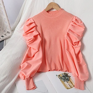 Women's knit sweater puff sleeves pullover round neck fall solid color tops blouses