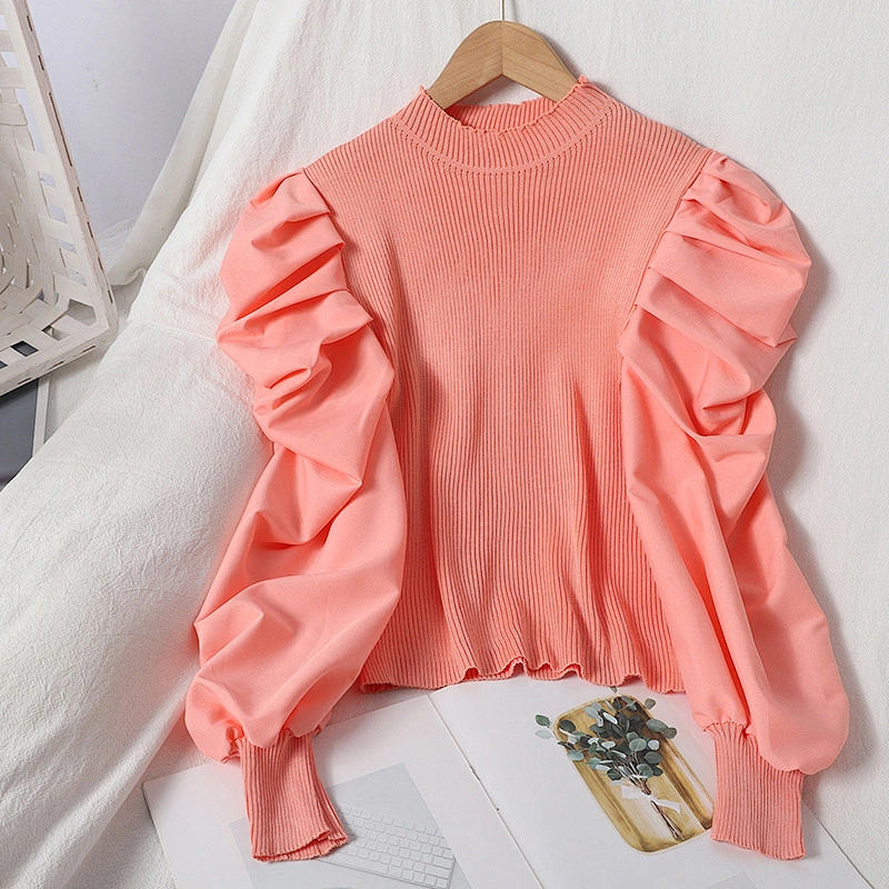 Women's knit sweater puff sleeves pullover round neck fall solid color tops blouses