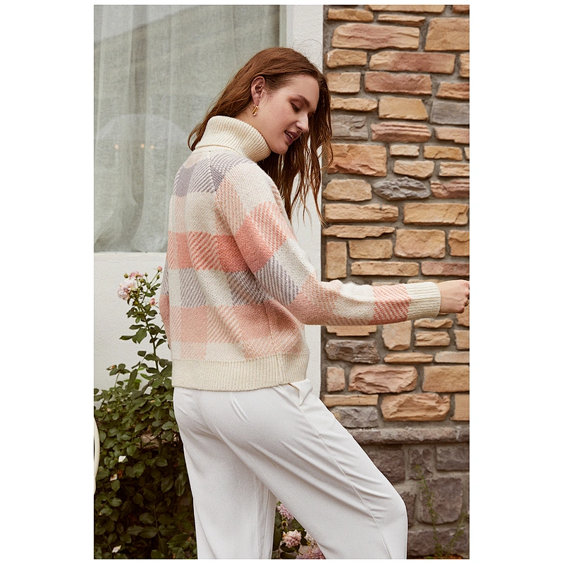 Casual turtleneck plaid women sweater pullover girl winter jumper long sleeve knitted sweaters for ladies