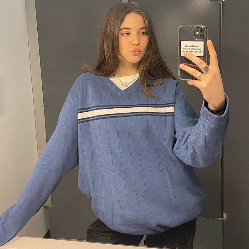 Fashion casual color block tops  V-neck loose thin jacquard knit plus size sweater for girl
