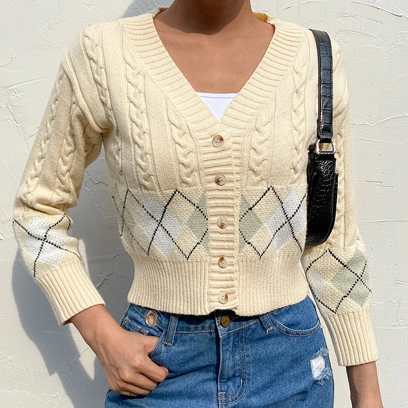V neck Short Casual Long Sleeve sweater crop Top knit cardigan streetwear women's sweater