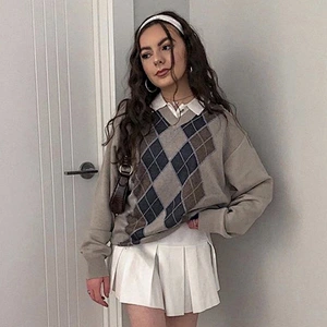 Loose thin long sleeve blouse rhombus autumn print brown chunky knit women's sweater
