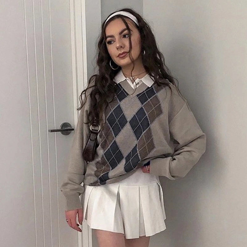 Loose thin long sleeve blouse rhombus autumn print brown chunky knit women's sweater