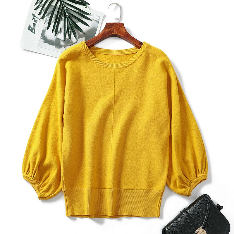 Winter knitted tops blouses women round neck puff sleeves solid color loose pullover sweaters
