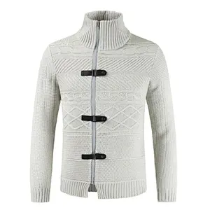 New Knitted Coatdigan Leather Button Neck Long Sleeve Cardigan Men Sweaters
