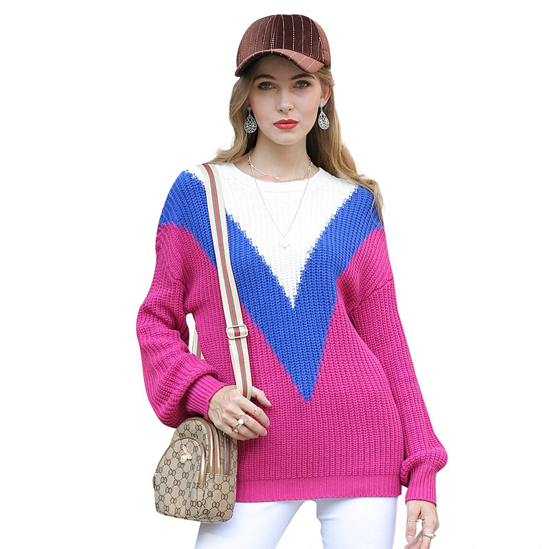 Women contrast round neck knitwear mid-length clothing top long-sleeved sweater