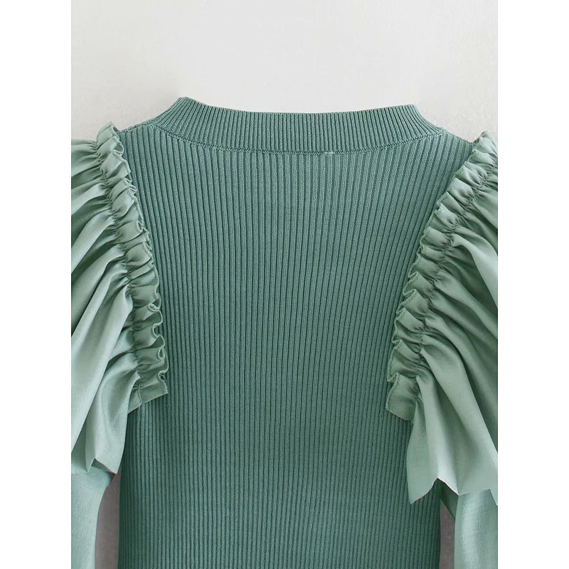 Autumn new fashion ruffle stitching stretch knitted casual blouses women knit sweater