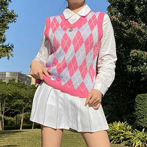 V neck wool knitted jacquard knitwear blouses diamond autumn women sweater vest