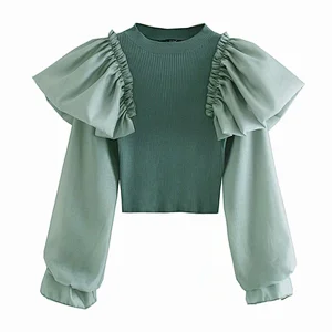 Autumn new fashion ruffle stitching stretch knitted casual blouses women knit sweater