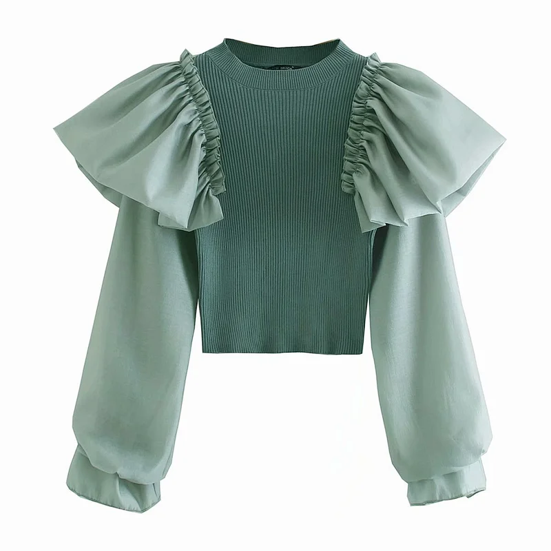Autumn new fashion ruffle stitching stretch knitted casual blouses women knit sweater