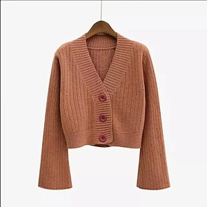 Autumn Flare Sleeve Cardigan Short Sweater Women Cotton Tops Ladies Soft Knitwear apparel stock
