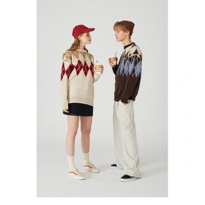 Custom women fall rib-knit long sleeve pullover sweater acrylic jacquard men embordered knitted sweater
