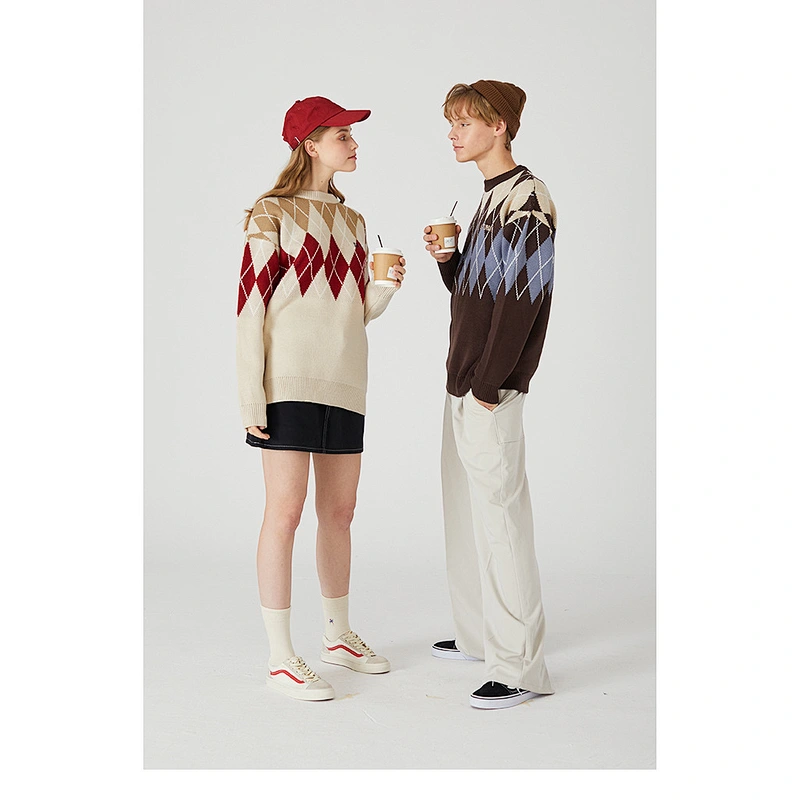 Custom women fall rib-knit long sleeve pullover sweater acrylic jacquard men embordered knitted sweater