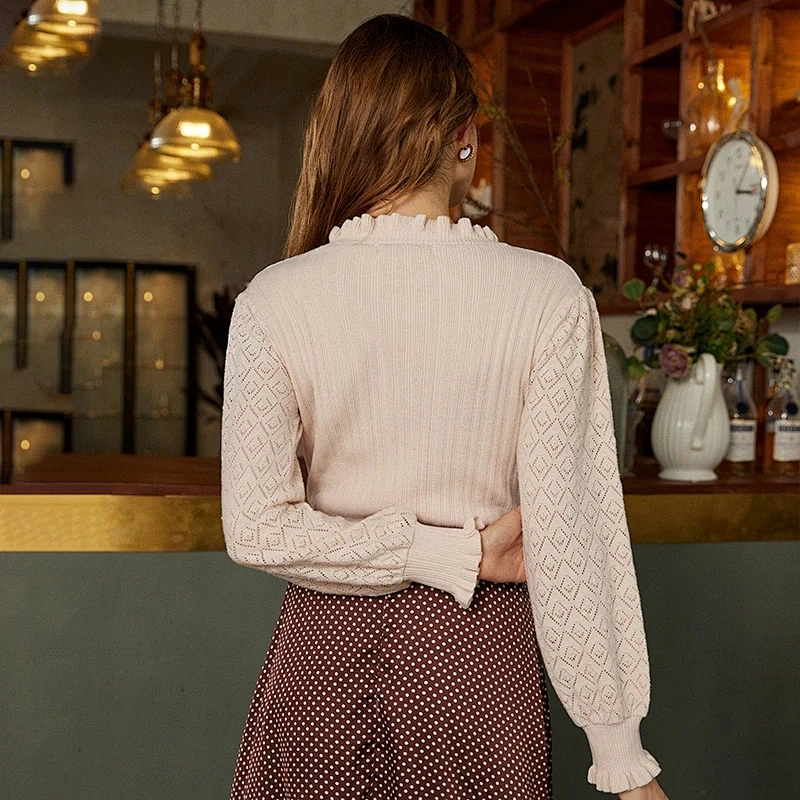 Puff sleeve spring knitwear pullover ruffles sweet girl fashion elegant sweater blouses for women