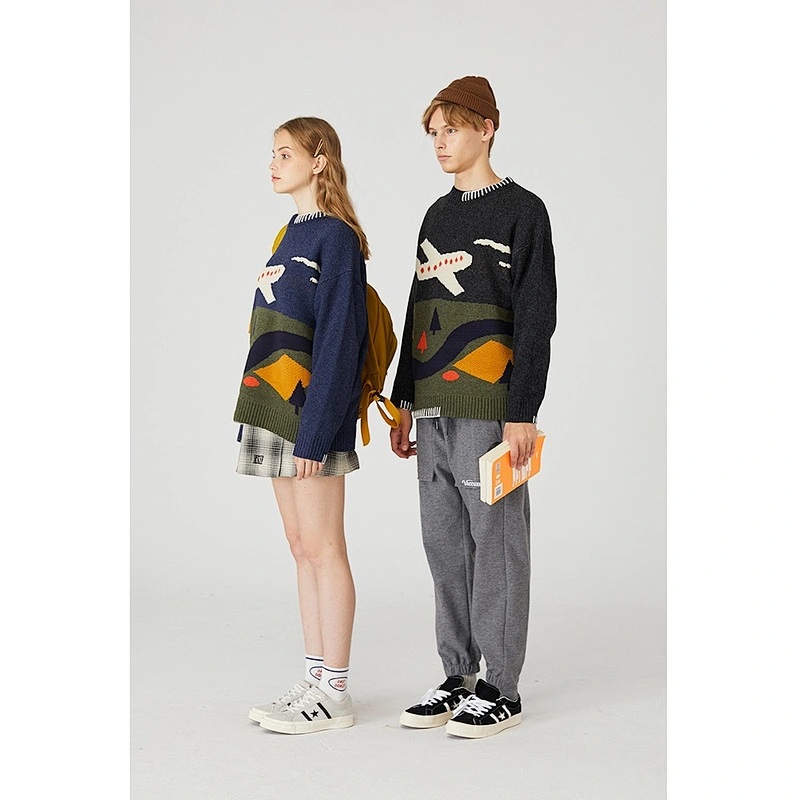 Color matching fashion cartoon plane pullover hoodie oem jacquard custom knit sweater for couples