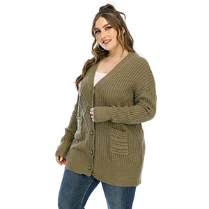 Fall thickened pocket jacket button fashion plus size sweater cardigan for women