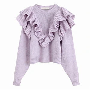 Fall Stylish Ruffles Short Knitted Sweater Women O Neck Sweet Pullovers Chic Tops Blouse