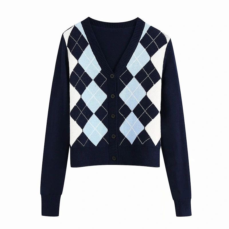 Women Cardigan Vintage Stylish Geometric Pattern Outerwear Fashion Long Sleeve Short Knitted Sweaters