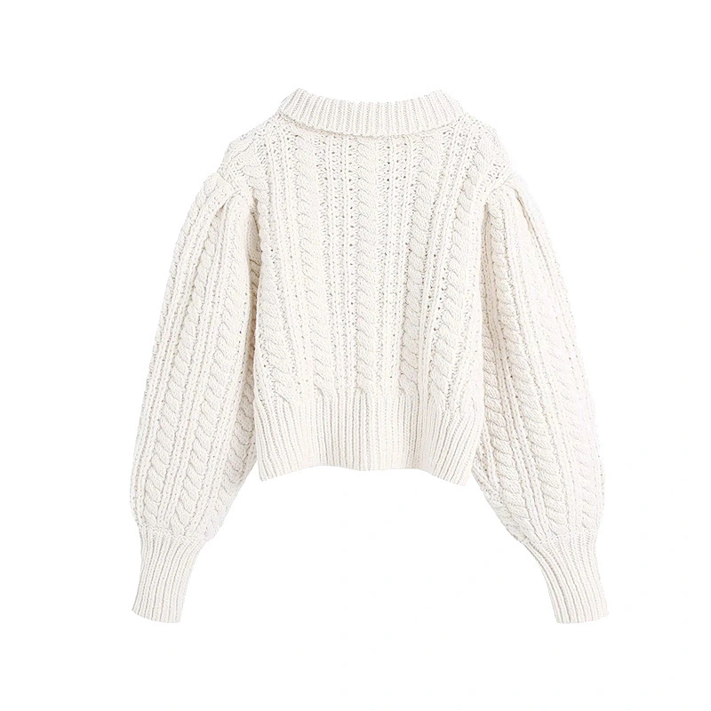 cotton cardigan for women  Lantern Sleeve sweater tops women Rhinestone Buttons Cropped Cable-Knit turtleneck sweater