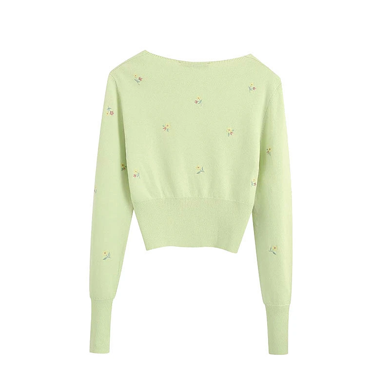Women Floral Embroidery Cropped Knitted Cardigan Sweater Vintage Girl Tops blouse