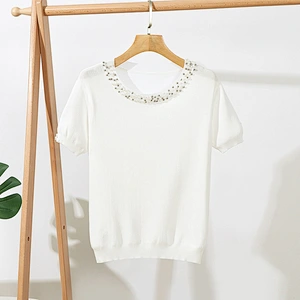 Summer solid color top blouse ladies beaded short sleeve loose round neck pullover knitwear women plus size t shirt