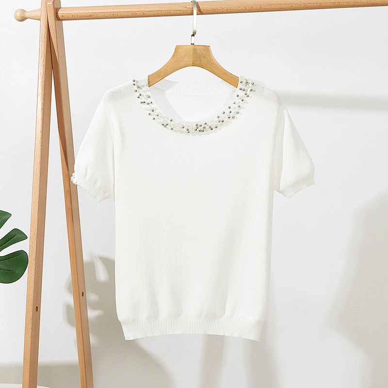Summer solid color top blouse ladies beaded short sleeve loose round neck pullover knitwear women plus size t shirt