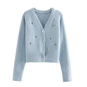 Floral Embroidered Knitted Women Cardigan Sweater V Neck Female Girl Cadigant Tops