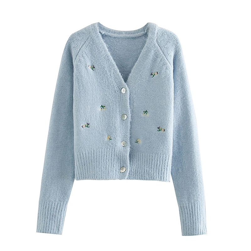 Floral Embroidered Knitted Women Cardigan Sweater V Neck Female Girl Cadigant Tops