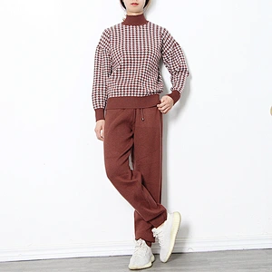 Casual sweaters women 2 piece set high neck plaid knitted girls two piece sweater set