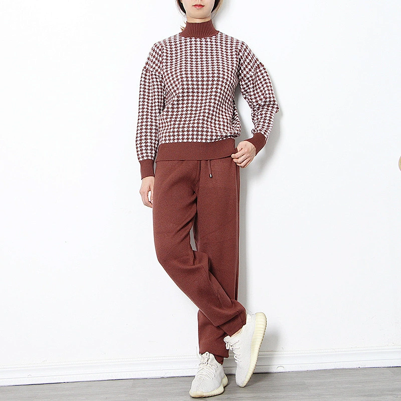 Casual sweaters women 2 piece set high neck plaid knitted girls two piece sweater set