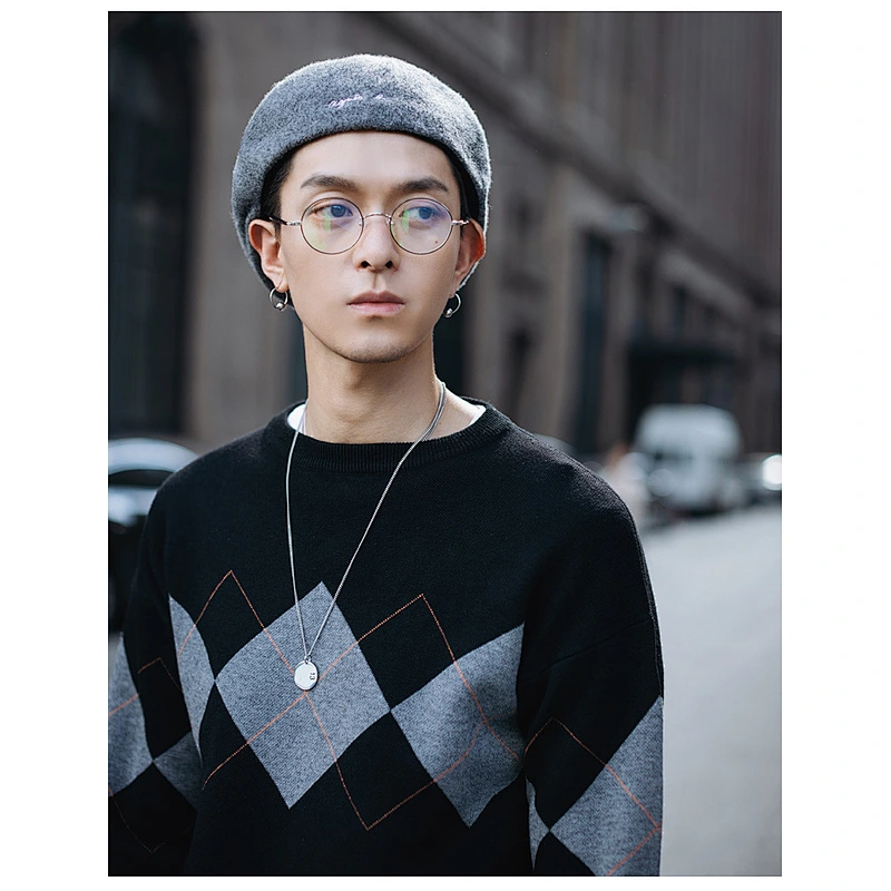 Men sweater custom logo knit long sleeve diamond pattern jumper knitted casual pullover men sweaters