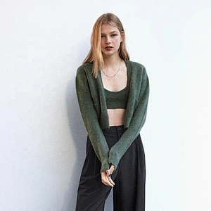 Fall Pockets plaid Cropped ladies cardigan top sweater oversized  knitted women sweater