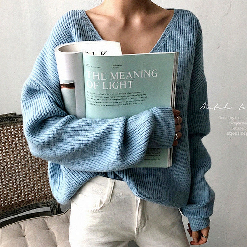 Autumn Winter Casual V Neck Women Pullover Sweater Solid Long Sleeve Loose Knitted Tops