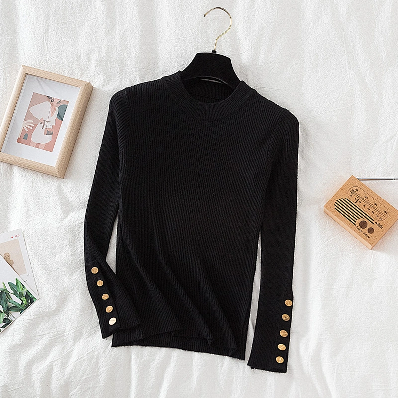 casual autumn winter women thick sweater pullovers long sleeve button o-neck chic Sweater Female Slim knit top soft jumper tops