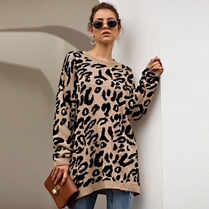 New arrival Leopard round neck pullovers winter fashion Casual Print Knit Long Sleeve clothes women sweater
