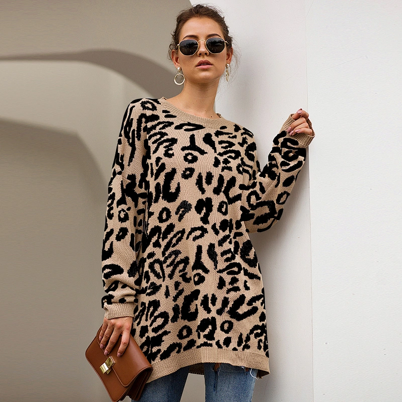 New arrival Leopard round neck pullovers winter fashion Casual Print Knit Long Sleeve clothes women sweater